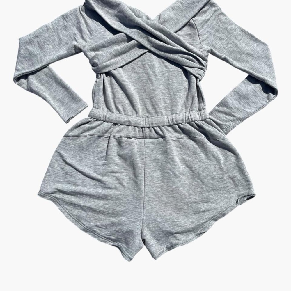 FP Movement Free People Gray Surplice Crossover Long Sleeve Romper Small